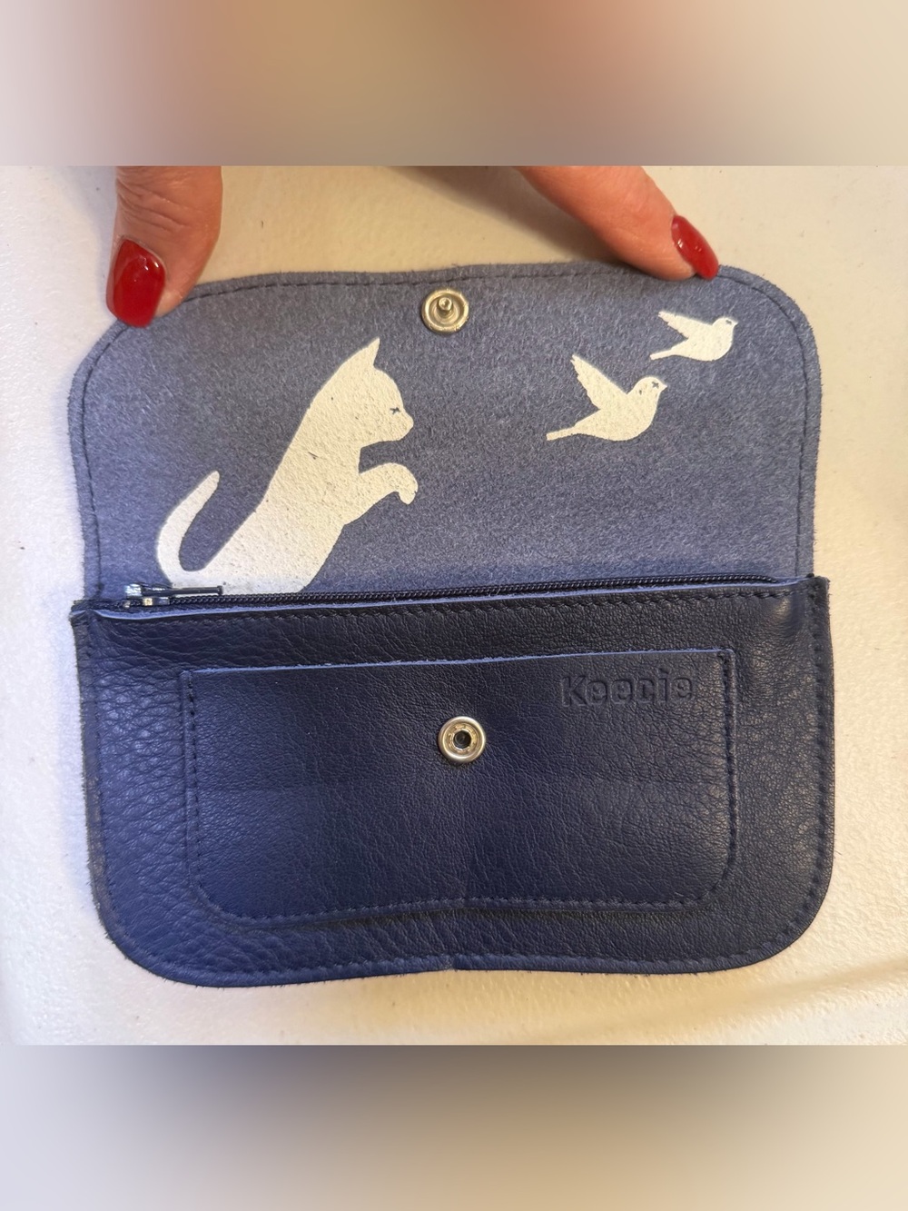 Leather Cat & Birds Navy Wallet